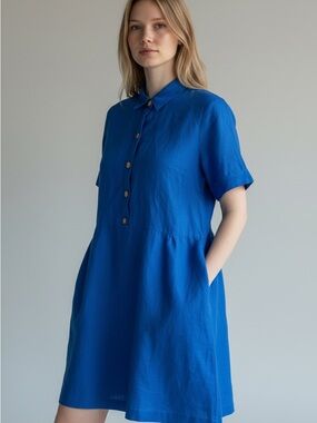 100% Linen Royal Blue Short-Sleeve Collared Mini Dress